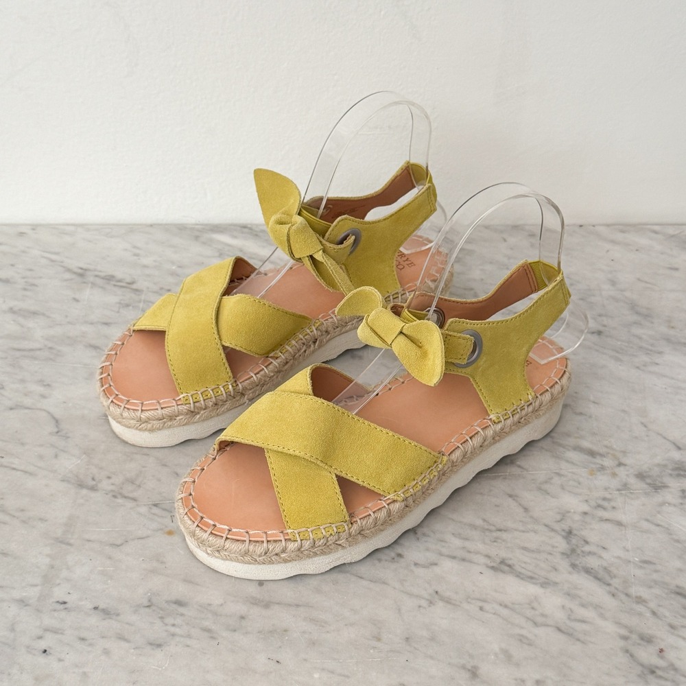 Frye and Co Espadrille Sandals Suede Bow Platform Yellow Crisscross Straps 7.5